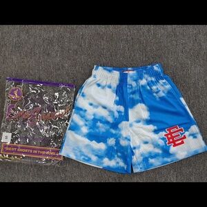 Eric Emanuel Blue and White Cloud Mesh Shorts with Red EE Logo